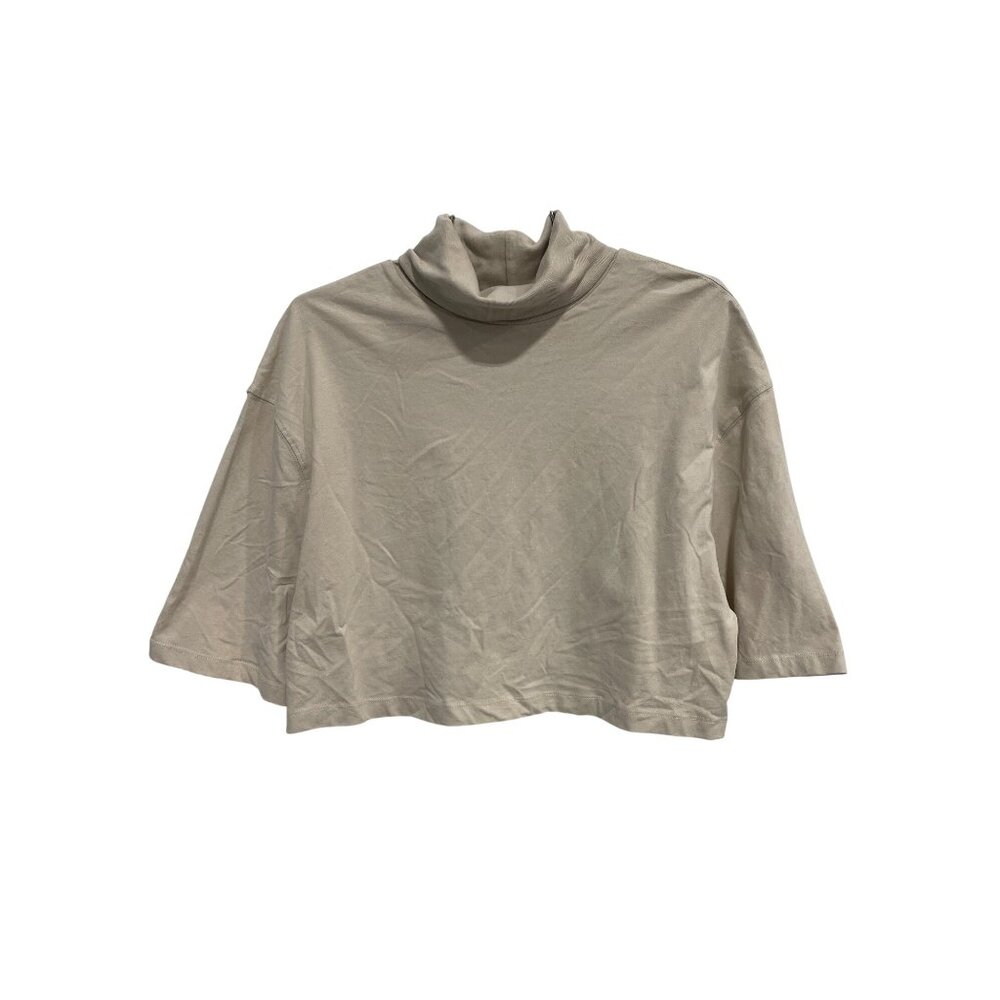 Zara Crop Top Size Medium Turtleneck Elbow Sleeve Beige Tan Neutral Minimalist